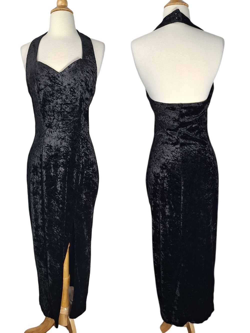 90s Y2K Crushed Velvet Bodycon Maxi Dress Sz Med Black Halter Neck Goth Prom